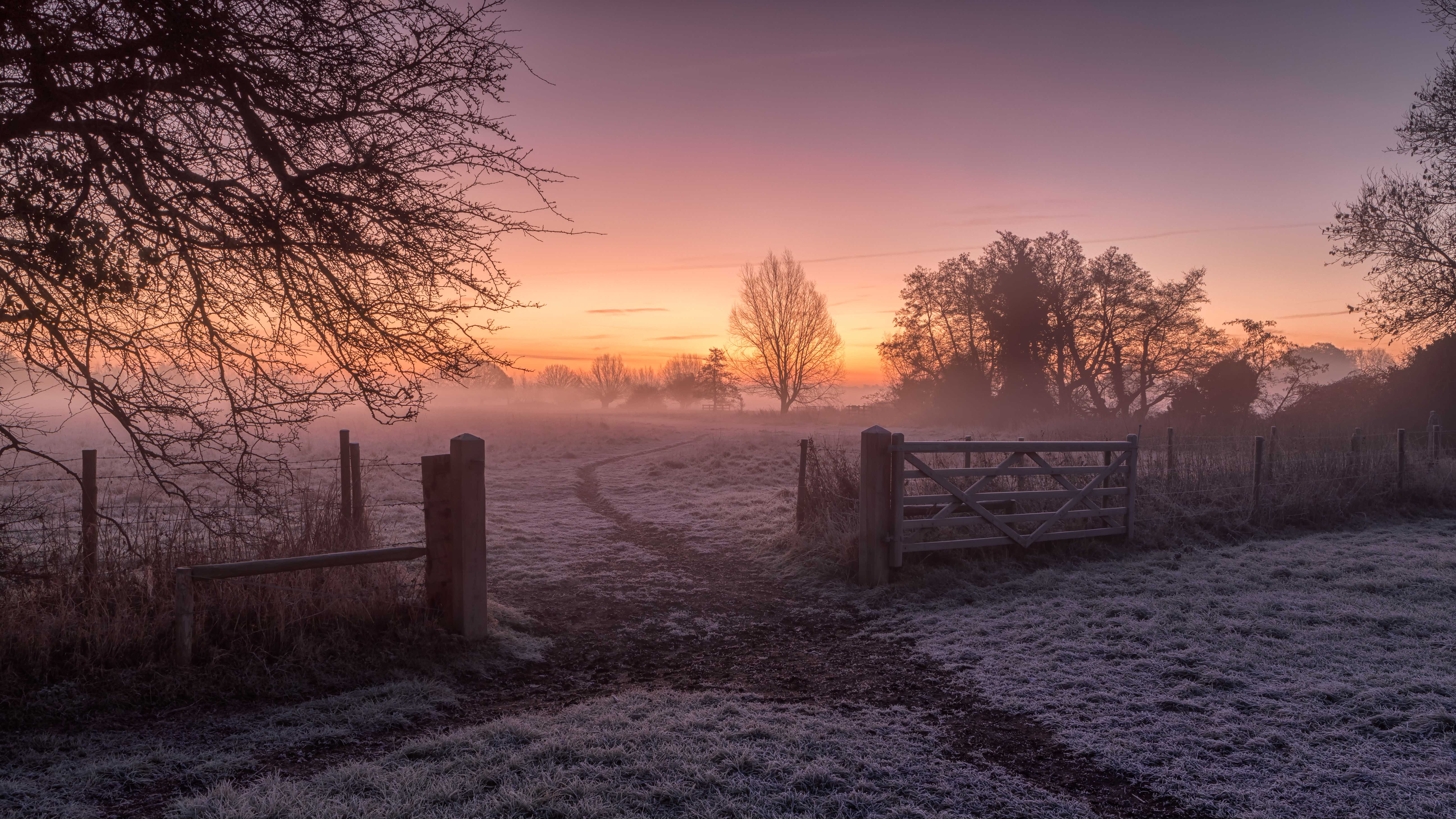 Winter countryside, Dedham, UK Cold, winter scene in Dedham, Colchester, UK. The frost is still covering the ground but the sun is trying hard to bring warmth to a cold, frosty morning.