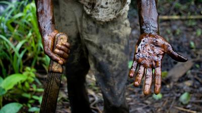 An oil spill from an abandoned Shell Petroleum Development Company well in Oloibiri, Niger Delta. 